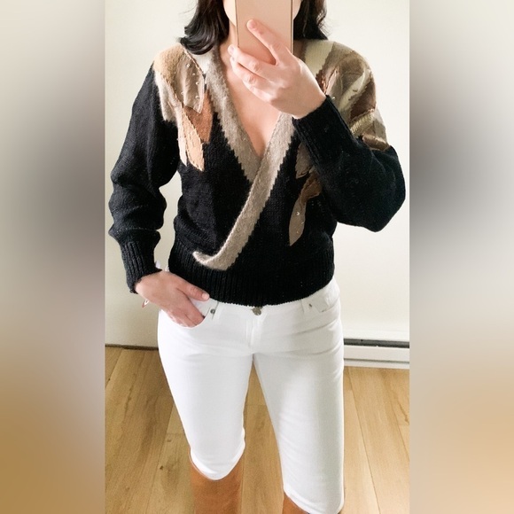 Vintage 80s 90s Black Tan Leaf Sequin Embroidered Crossover Sweater Medium - Picture 8 of 11